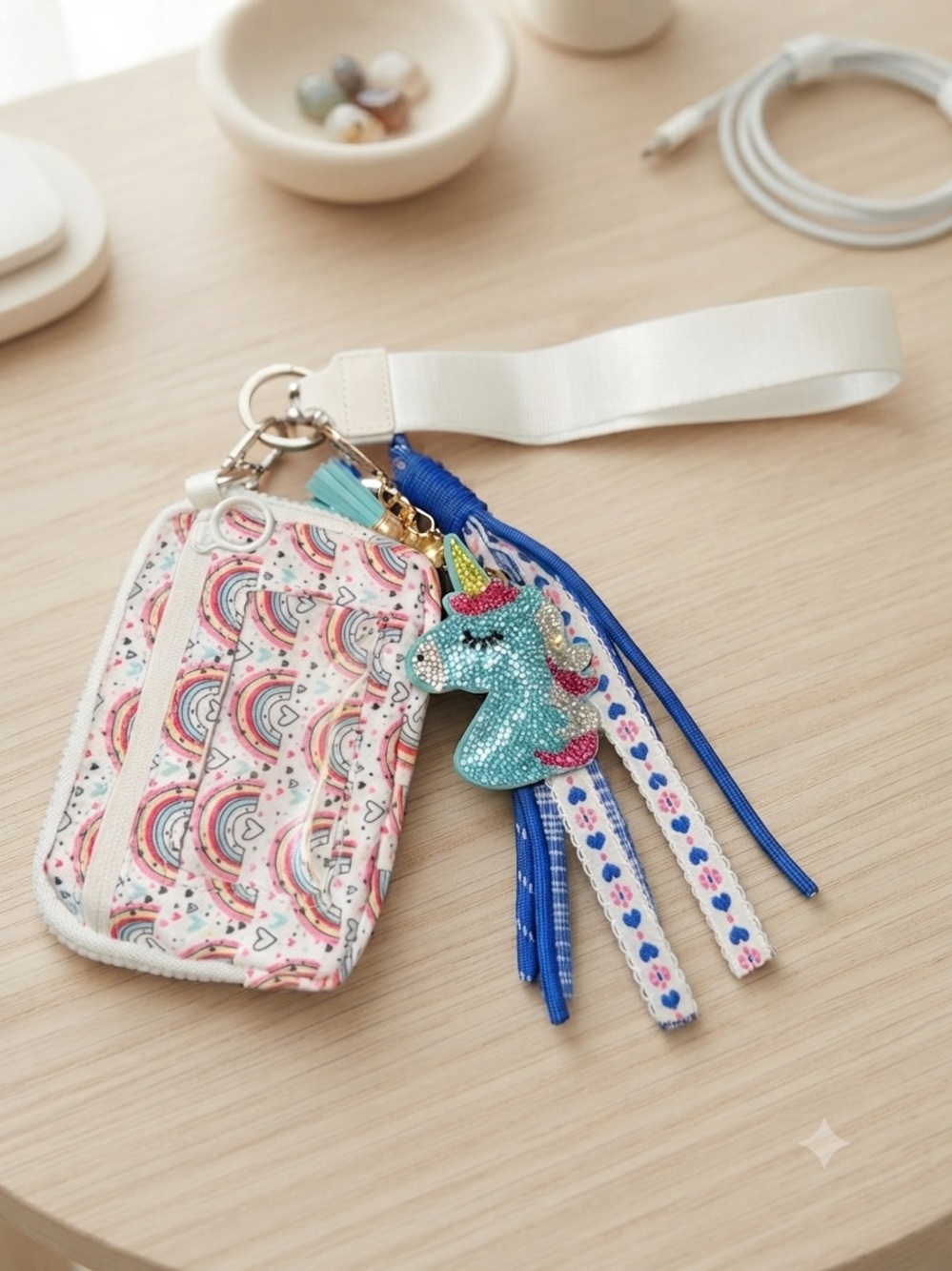 Kids Rainbow Cardholder Keychain with Blue Unicorn Charm